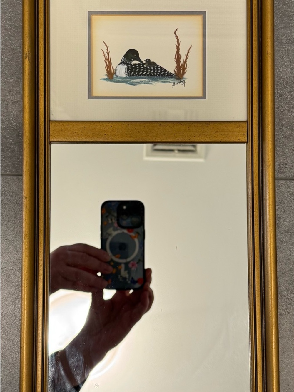 Gold Framed Wall Mirror with Loon Print - Gold
